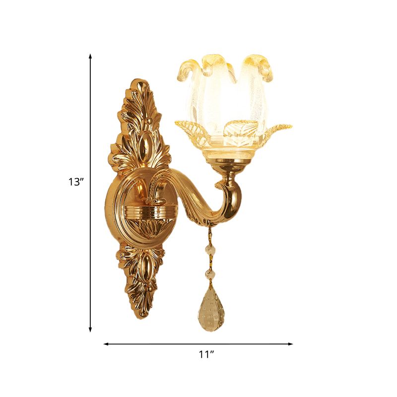 Gold 1/2-Bulb Sconce Light Traditional Frosted Glass Floral Wall Lighting Ideas for Living Room