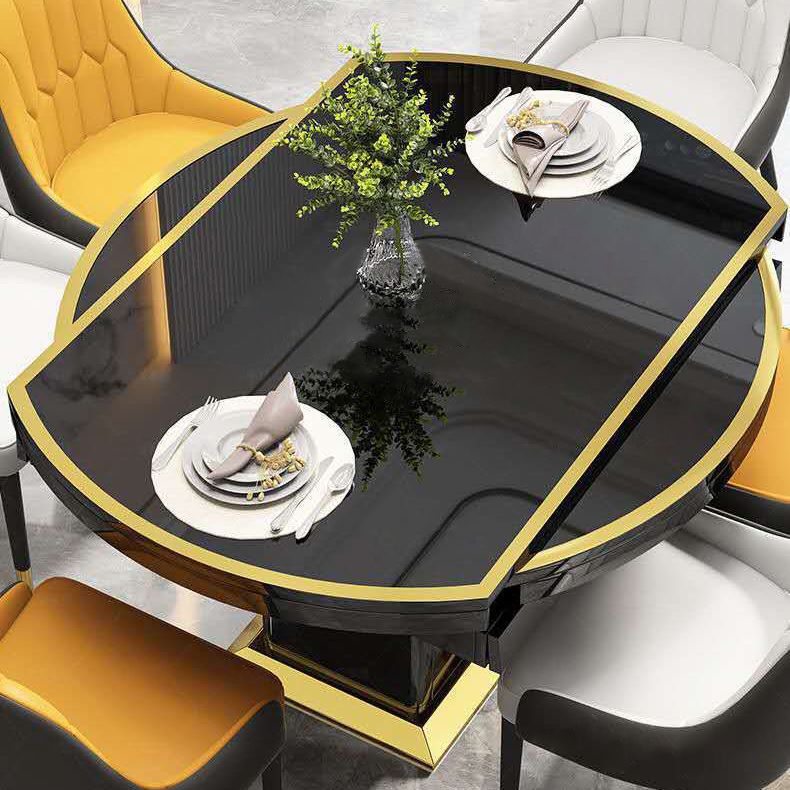 Glass Top Dining Table Modern Extendable Furniture with Pedestal Steel Base