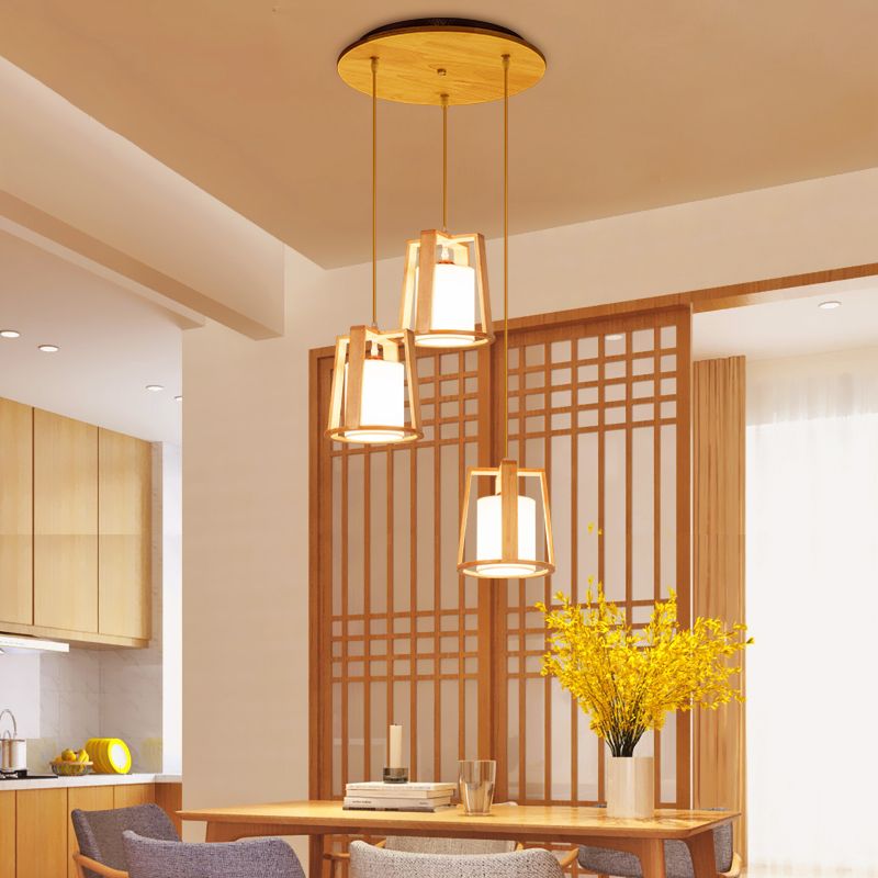 Modern Creative Pendant Light Wooden Geometric Hanging Lamp with White Fabrics Shade