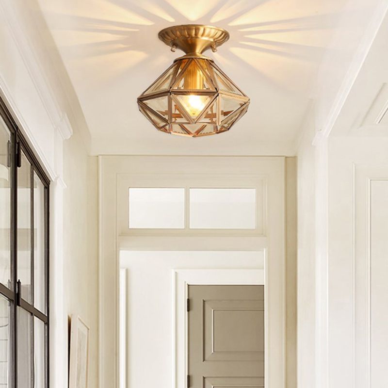 Vintage Prismatic Ceiling Flush Mount Glass Semi Flush Mount Light in Brass