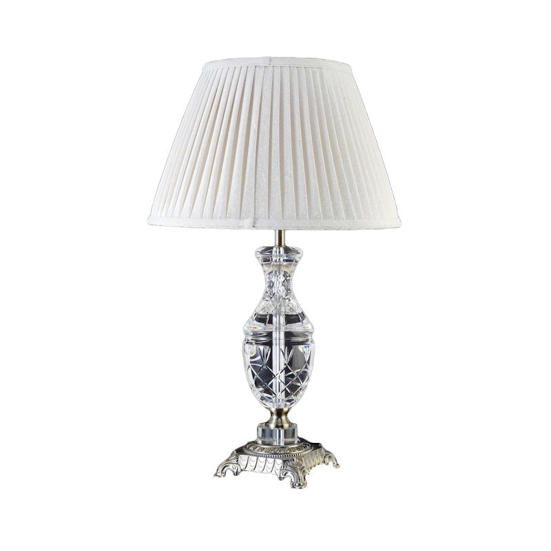 Tissu lampe de bureau ombrée moderne 1 tête gris claire avec bronze sculpté piédestal métallique