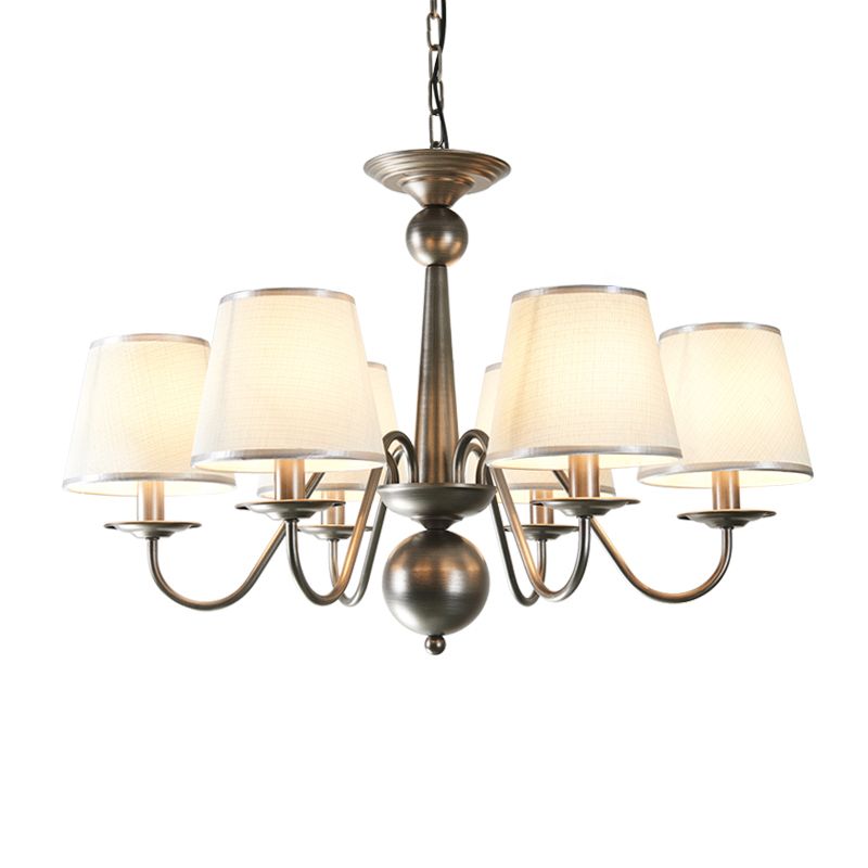 Metal Silver/Blue/White and Silver Hanging Light Curving Arm 6 Lights Rustic Pendant Chandelier with Cone Fabric Shade