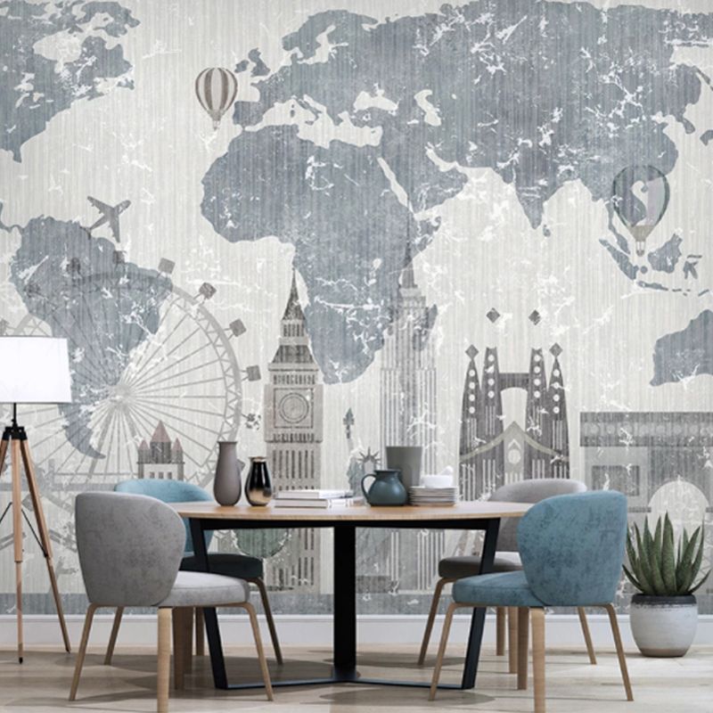 Illustration World Map Mural Full Size Wall Covering for Coffee Shop in Grey and Blue, Made to Measure