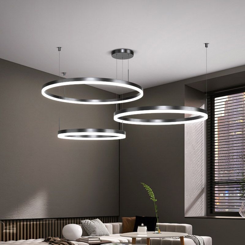 Metal Circle Pendant Chandelier Minimalist Black LED Pendant Light for Living Room