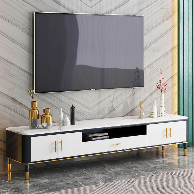 Glam Style TV Stand Stone White Colour Open Storage TV Console with Shelves