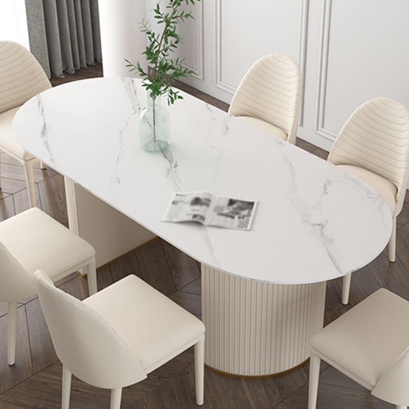 Oval Sintered Stone White Tone Dining Table Simplicity Double Pedestal Table for Dining Room