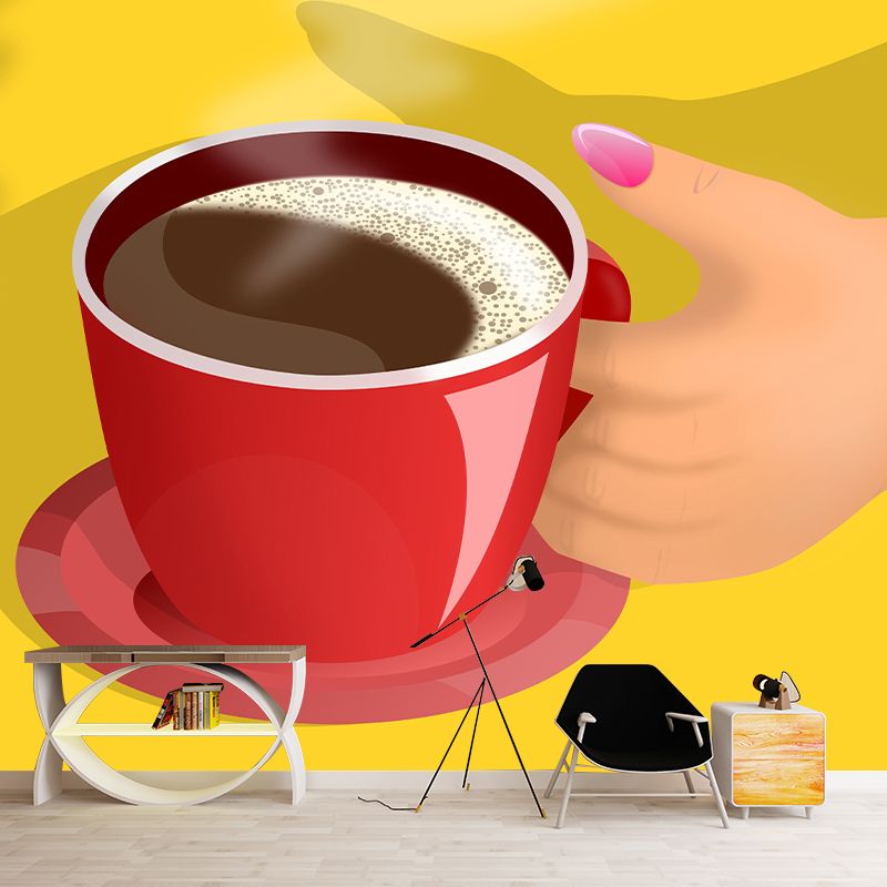 Coffee Illustration Wall Mural Contemporary Wall Decor for Coffee Shop, Water Resistant