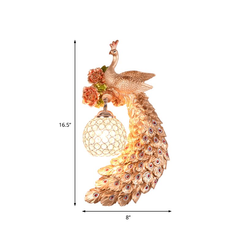 Double/Right/Left Peacock Wall Sconce Loft Style Metal 8"/10" W 1 Bulb Wall Lighting with Dome Crystal Shade in White/Gold
