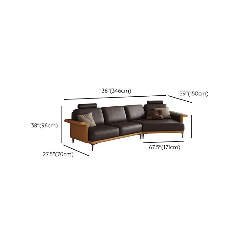 Mid Century Genuine Leather Sectionals Loose Back Sectional & Chaise in Brown