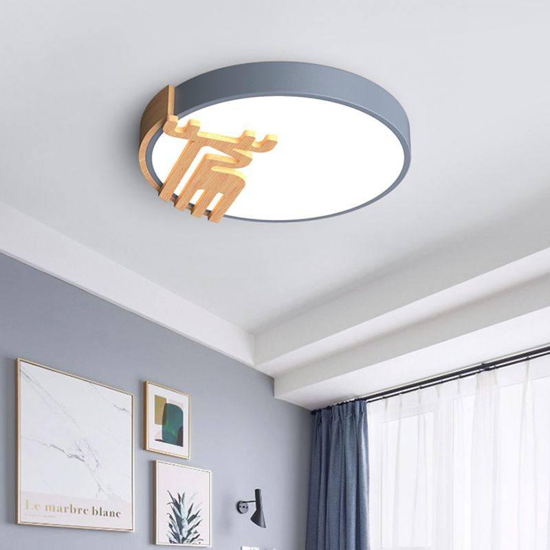 Drum Flush Light Fixture Nordic Acrylic Led Gray/White/Green Close to Ceiling Light with Wood Deer Decoration