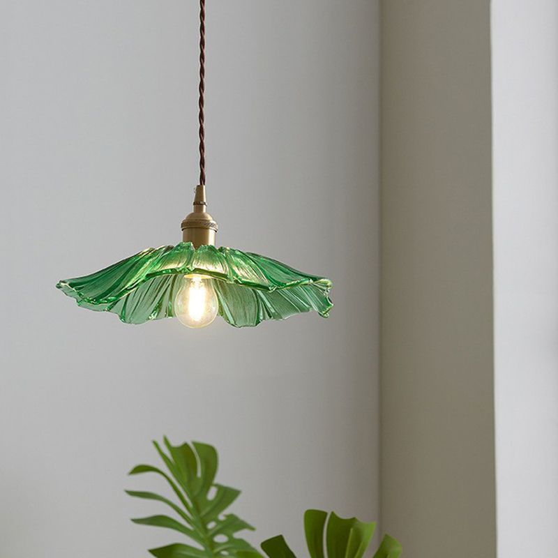 Antique Floral Pendant Light 1-Light Ruffle Glass Hanging Light Fixture for Restaurant