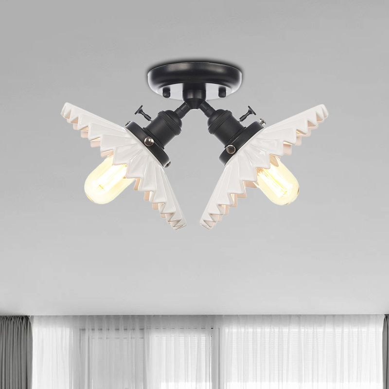 2 Bulbs Restaurant Ceiling Lighting Warehouse Style Black/Bronze Semi Flush Mount Light with Scalloped Milk Glass Shade
