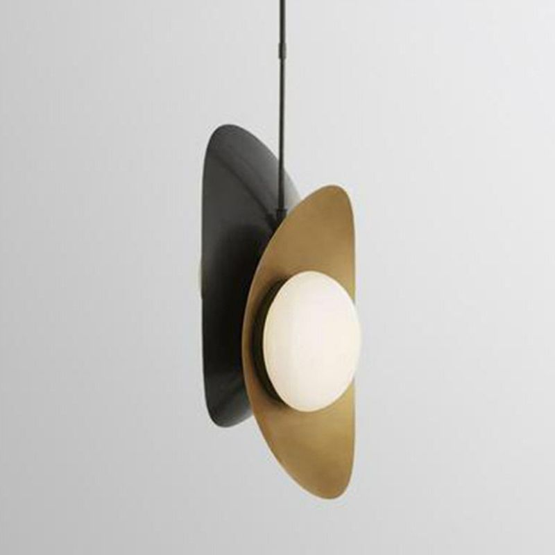 Curved Metal Pendant Lamp Designer 2-Head Black and Gold Inner Chandelier Light with White Glass Shade
