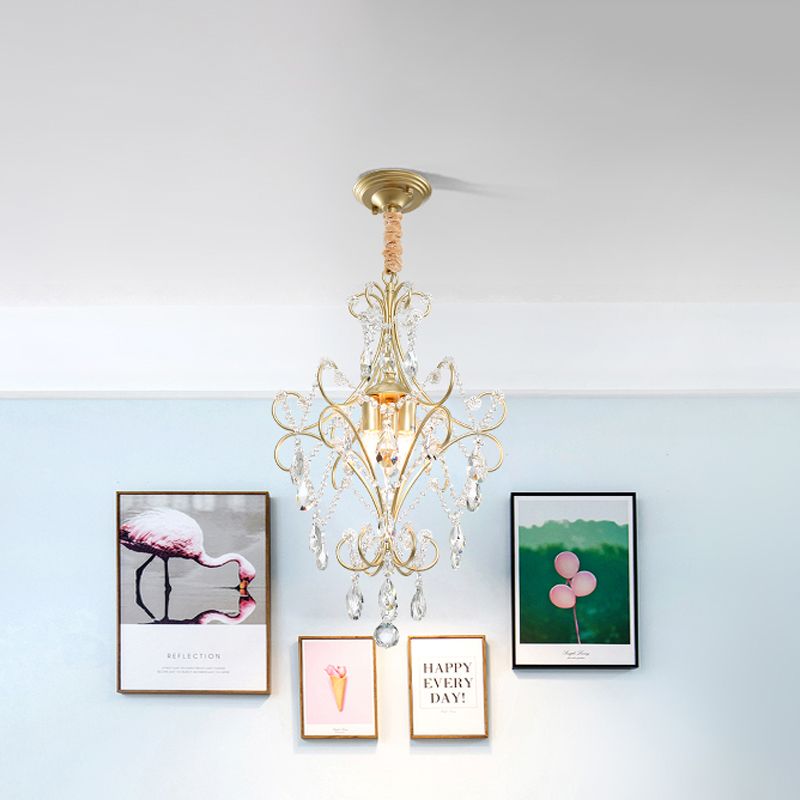 3 Lights Beaded Chandelier Lighting Country Gold Finish Crystal Pendant Light Kit with Scrollwork Design