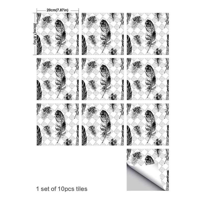 Modernist Feathers Stick Wallpaper Panel Black-Grey-White Tiles Wall Covering for Bath