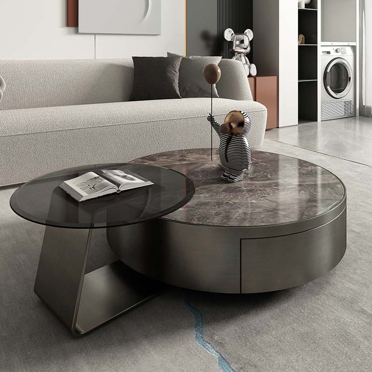 Modern Slate and Glass Top Coffee Table Set Round Drum Cocktail Table