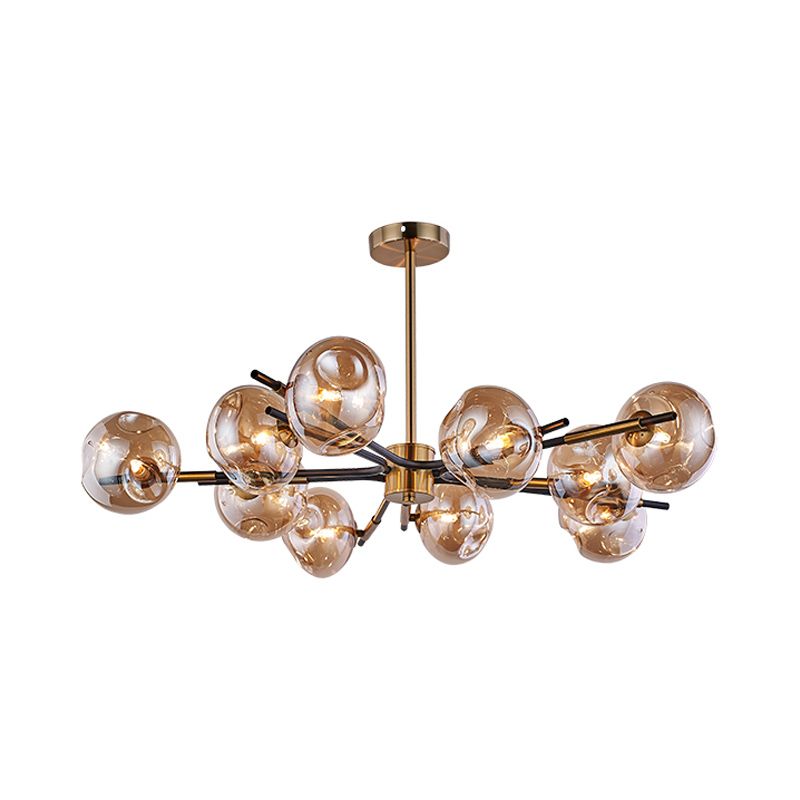 Radial Flush Chandelier Vintage Amber/Smoke Grey Dimpled Glass 10 Lights Living Room Semi Flush Mount Ceiling Light
