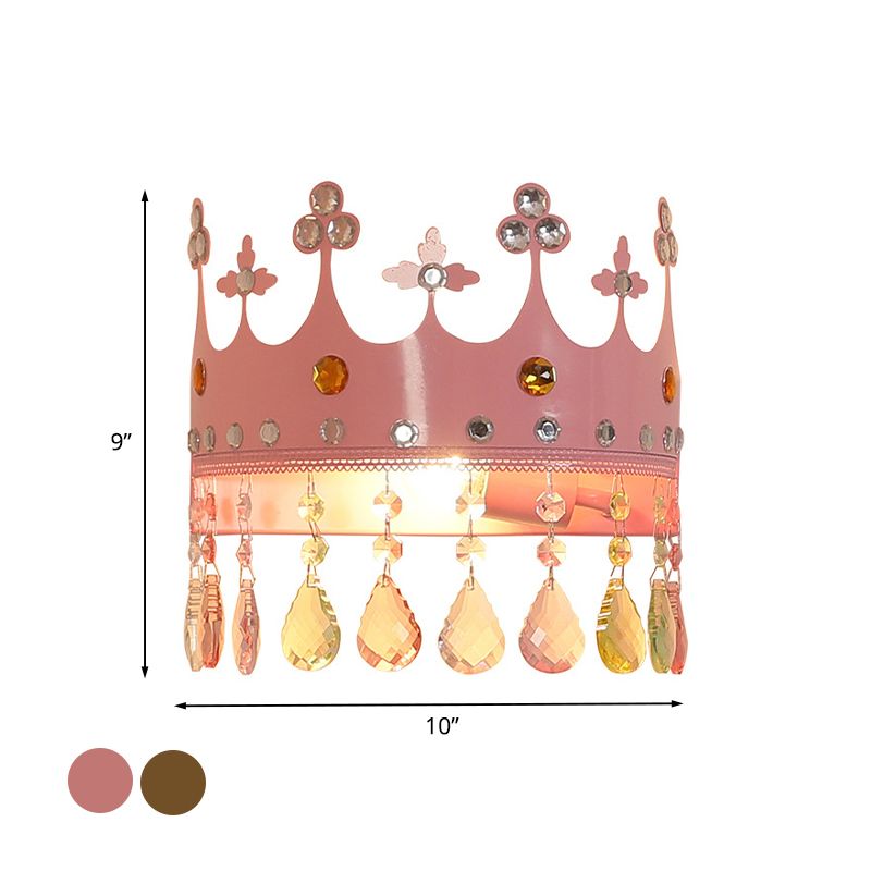 Crown Sconce Light Fixture Cartoon Iron LED Pink/Gold Wall Mount Light with Crystal Drop Deco