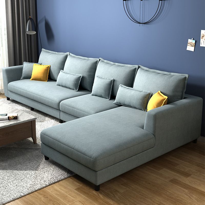 Blue Fabric Sectional with Pillows Modern Style L-shape Sectional