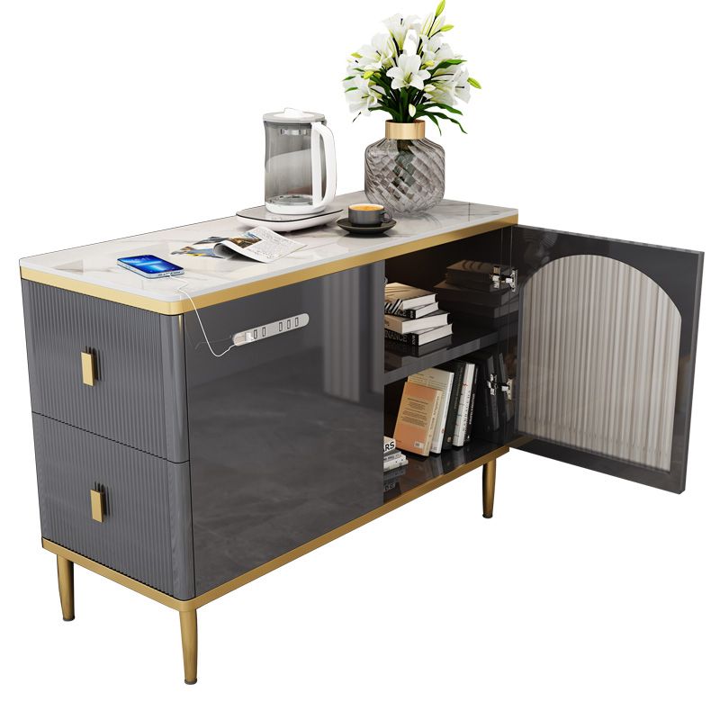 Rectangular Iron 4 Legs Side Table Two-Drawer End Table in Grey/Silver