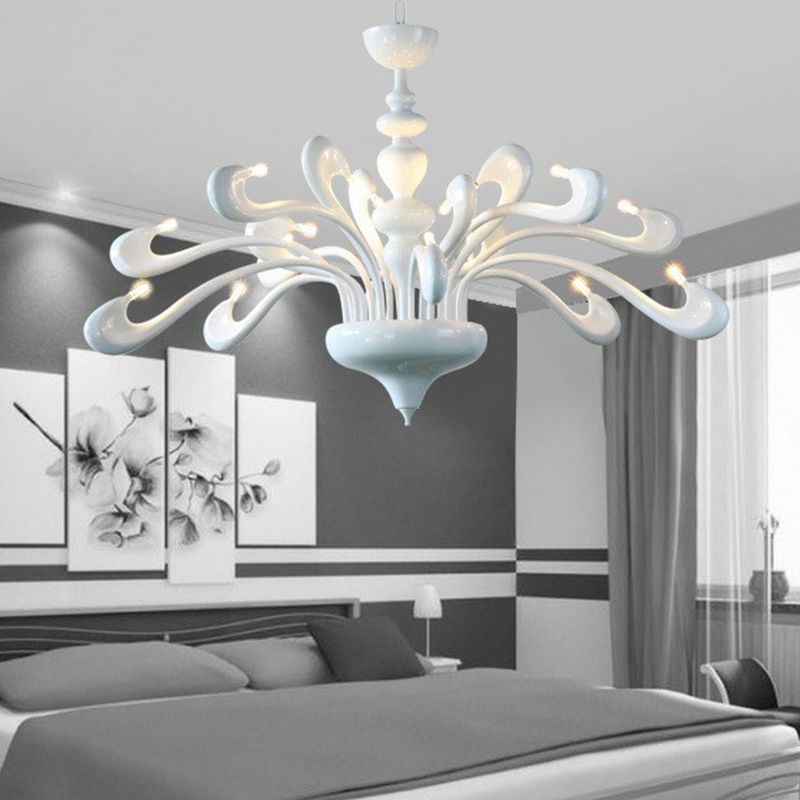 Swan Living Room Chandelier Metallic 12 Bulbs Minimalist Hanging Light Fixture in White
