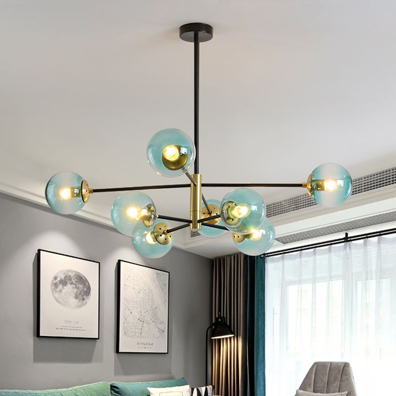 Lampadanismo a pendente a sospensione per soggiorno a 8 luci Modernismo in ottone sospeso con sfera di vetro blu con sfera