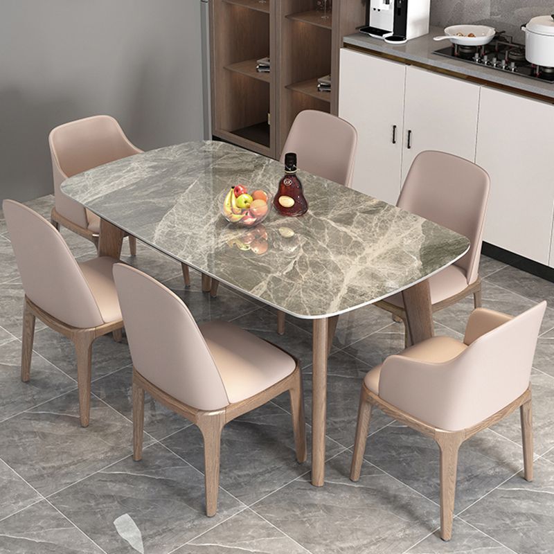 Stone Top Dining Table Mid-Century Modern Table with 4 Legs in Brown