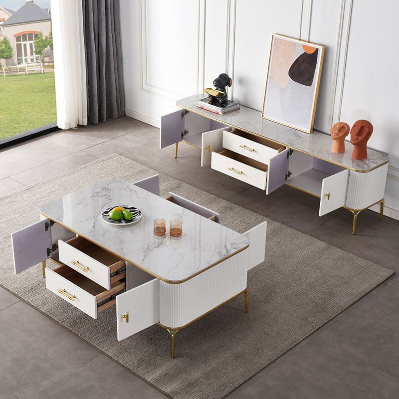 Glam 4 Legs Single Coffee Table Slate Rectangle Cocktail Table with 2 Drawers