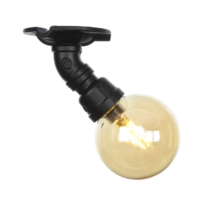 Global Amber Glass Semi Flush Light Fixture Industrial 1 Head Foyer Ceiling Mounted Lamp in Black