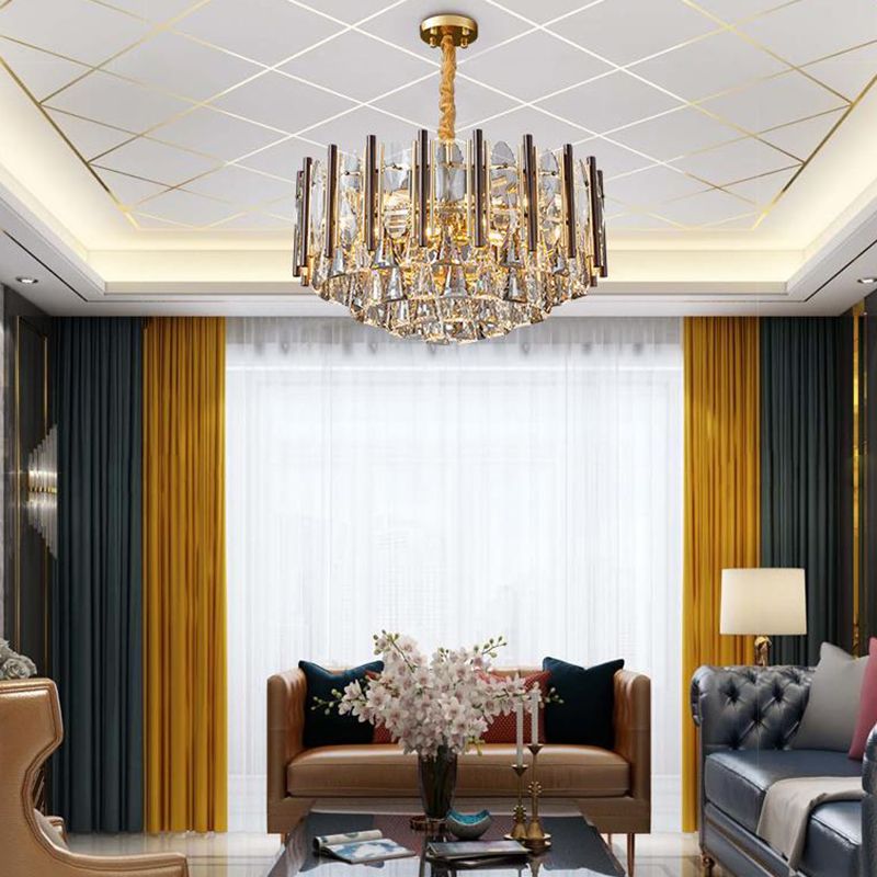 Round Ceiling Chandelier Postmodern Teardrop Crystal 7 Lights Gold Hanging Light Kit