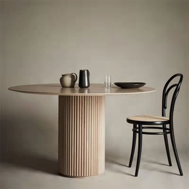 Round Pedestal Modern Dining Table Brown Tone Fixed Table with Pinewood Solid Wood