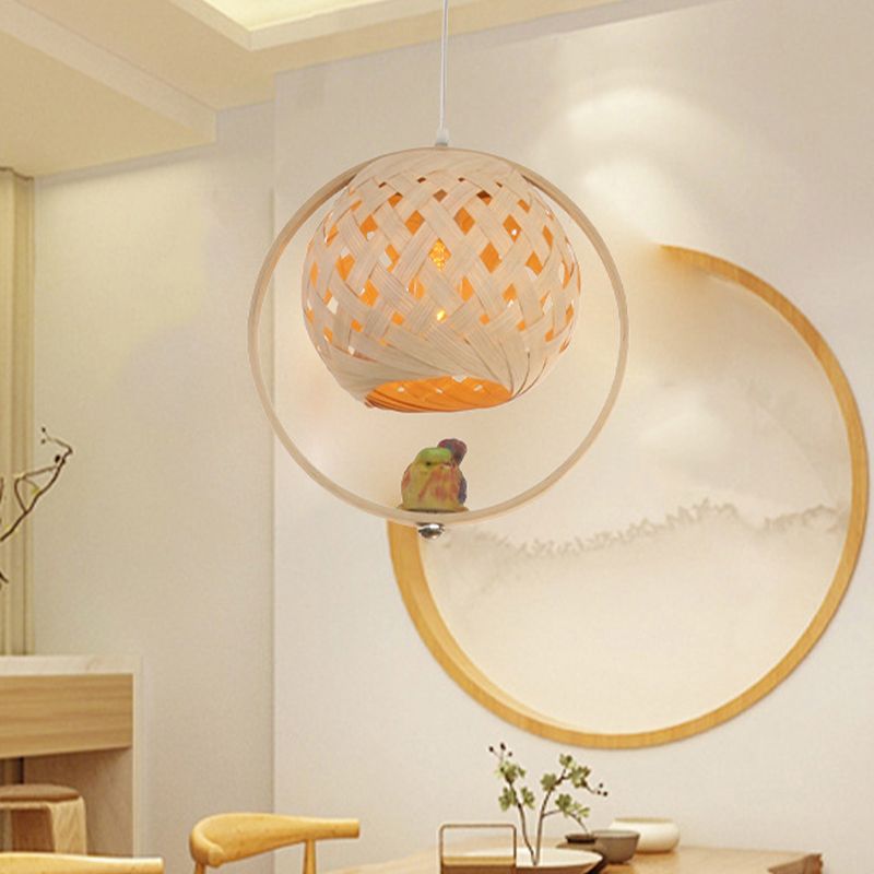 Chinese Hand Woven Pendant Lighting Bamboo 1 Bulb Ceiling Suspension Lamp in Beige