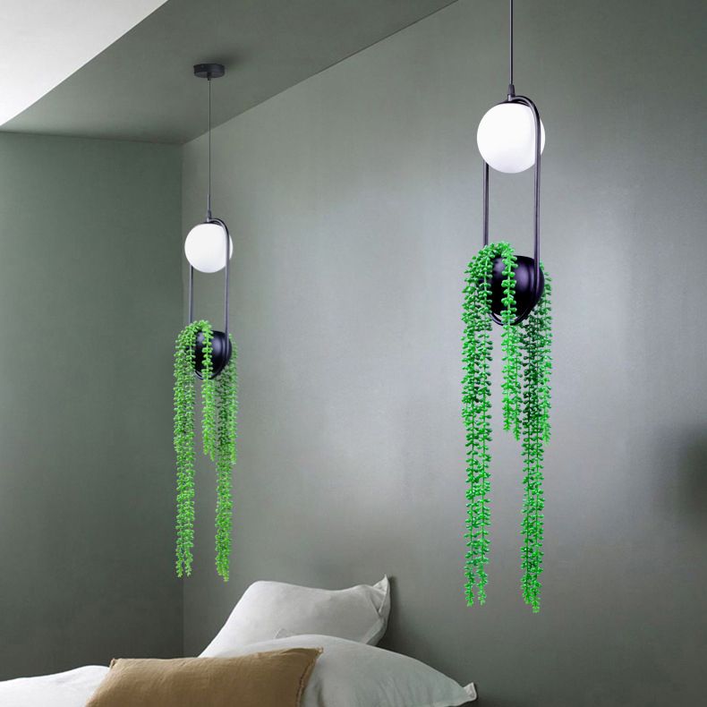 Modern Oval Metal Hanging Lamp White Glass Globe Shade 1 Light Pendant Light with Green Plant