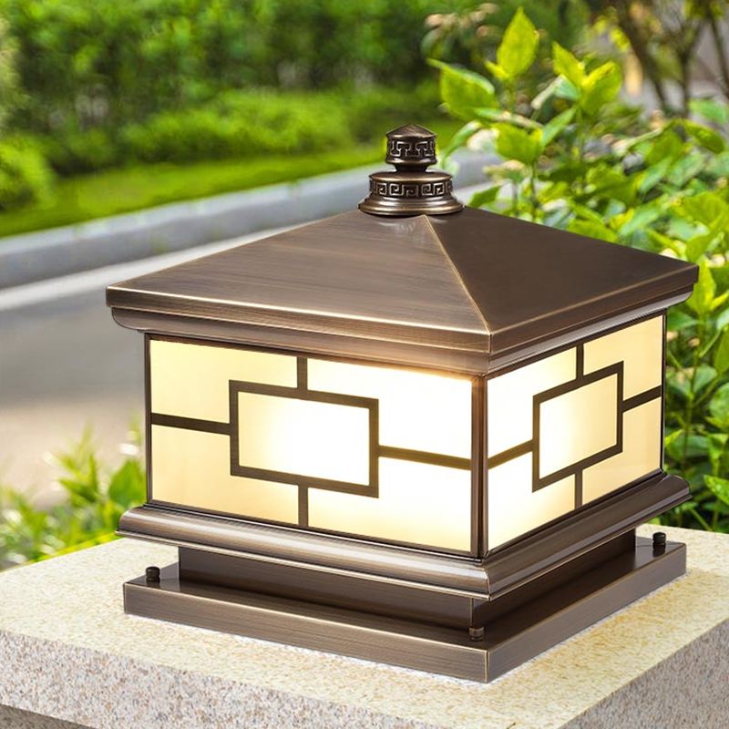 Square Shape Waterproof Pillar Lamp Modern Metal Outdoor Lights in Bronze