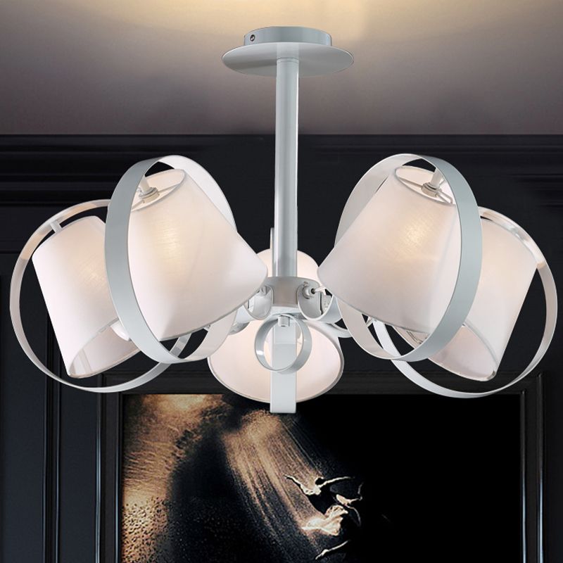 Minimalist Barrel Semi Flush Light Fabric 5 Heads Kitchen Flush Mount in White with Round Metal Cage