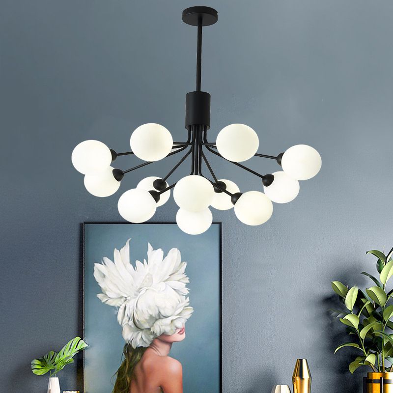 Black Metal Hanging Chandelier Light Modern Opal Glass Shade Ceiling Chandelier for Living Room