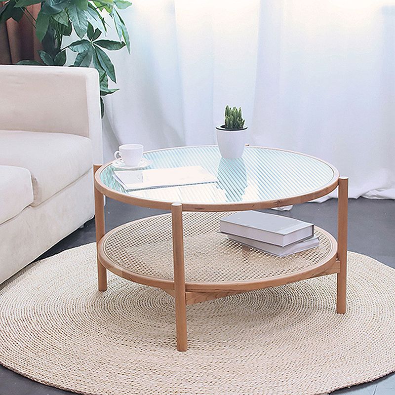 4 Legs Bunching Table with Solid Wood Base Round Coffee Table with Tempered Glass Top