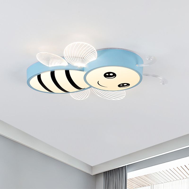 Bee Flush Mount Fixture Kids Plastic Pink/Yellow/Blue LED Close to Ceiling Lamp for Children Bedroom