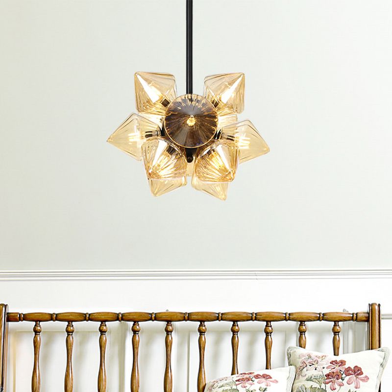 Diamond Chandelier Lamp Contemporary Amber Glass 9/12 Bulbs Living Room Hanging Pentant Light