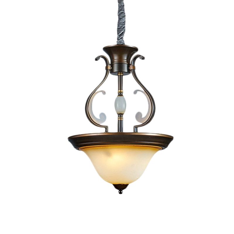 Bell Beige Glass Chandelier Lamp Antique 4-Light Kitchen Pendant Light Fixture with Curved Arm