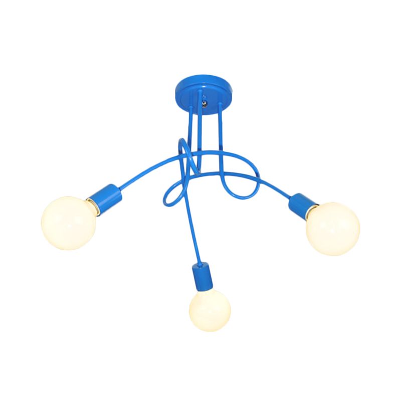 Curved Arm Semi Flush Lighting Contemporary Metal 3/5 Lights Blue/Red Semi Flush Ceiling Lamp Fixture