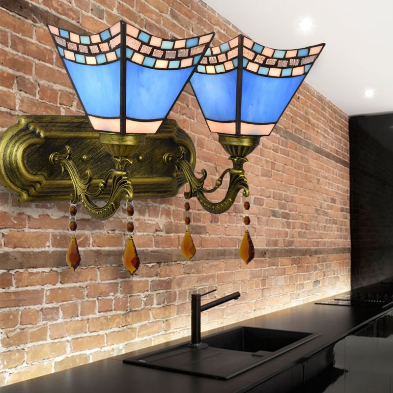 Blue Craftsman Sconce Light with Agate 2 Bulbs Mediterranean Stained Glass Wall Light for Foyer