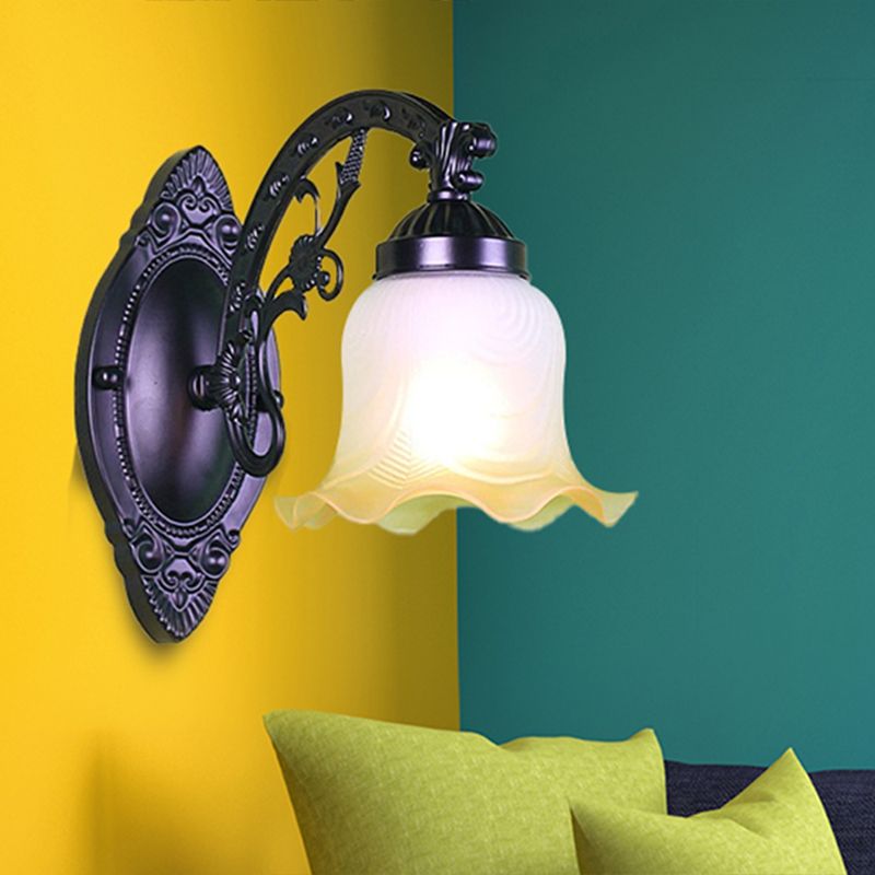 Floral Bedroom Wall Lighting Retro Frosted Glass 1/2 Lights Black Wall Sconce Light with Metal Curvy Arm