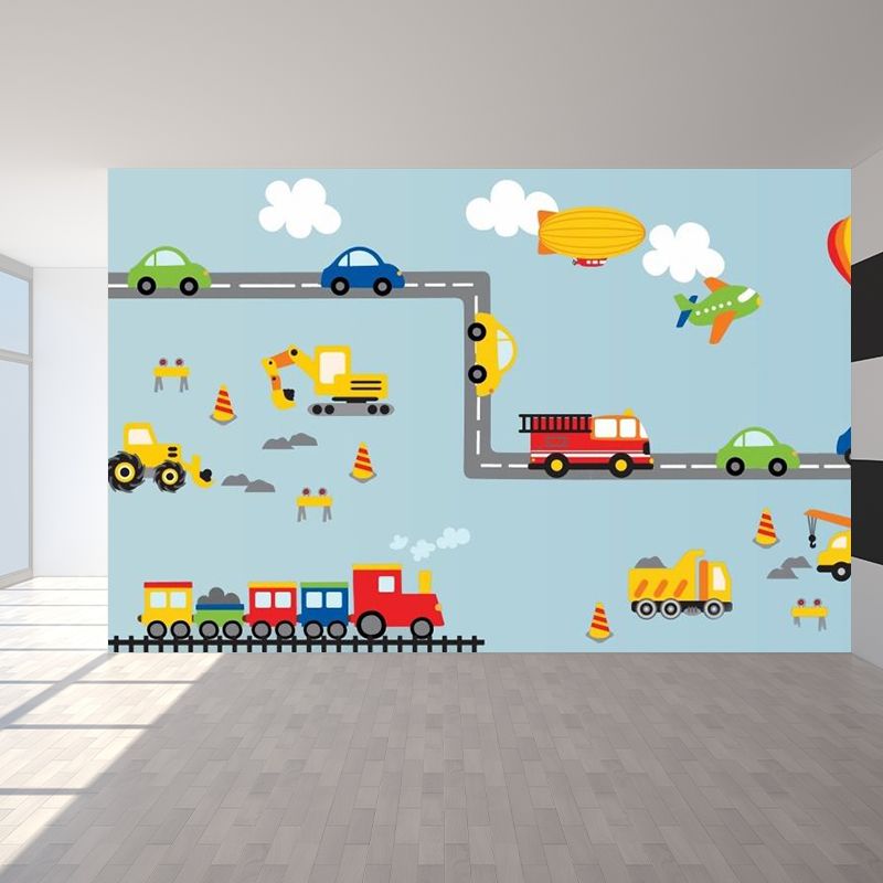 Cartoon Transportation Mural Wallpaper Blue Vehicles Pattern Wall Covering for Room