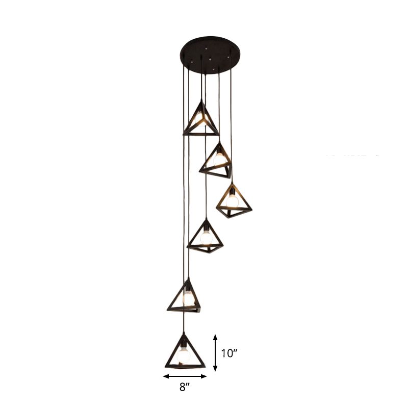 6-Bulb-Cluster-Anhänger leichter Vintage-Dreieck Metall Hanging Deckenlicht in Schwarz