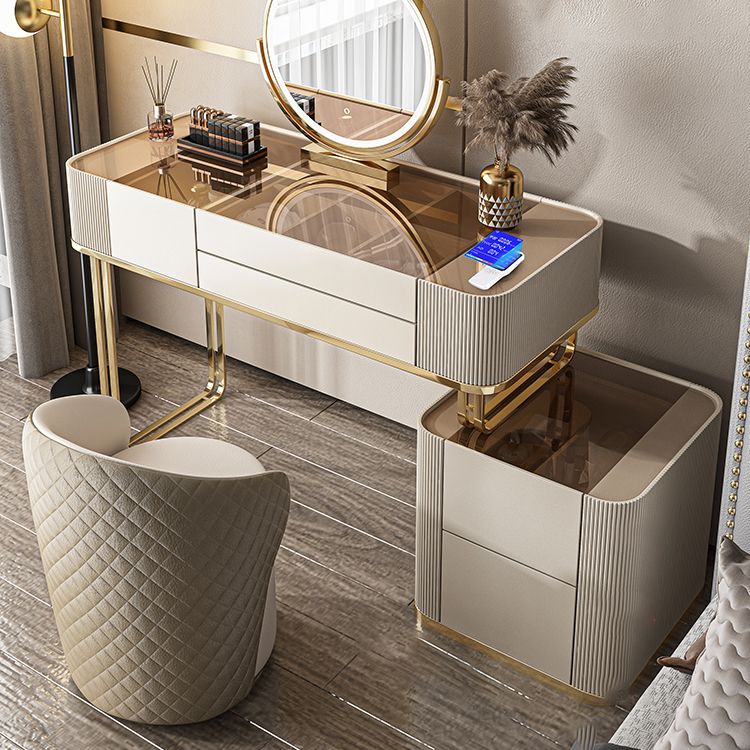 Dimmable Lighted Mirror Dressing Table with 5 Drawers Glass/Stone Top Make-up Vanity