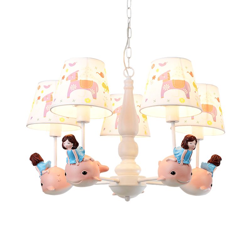 Barrel Hanging Chandelier Cartoon Fabric 5-Head White Finish Radial Pendant Light Kit with Carousel/Fish and Girl Deco