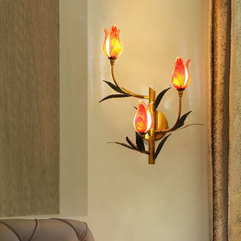 3-Light Wall Lighting Retro Stylish Gradient Pink/Red Glass Tulip Sconce Ideas for Living Room