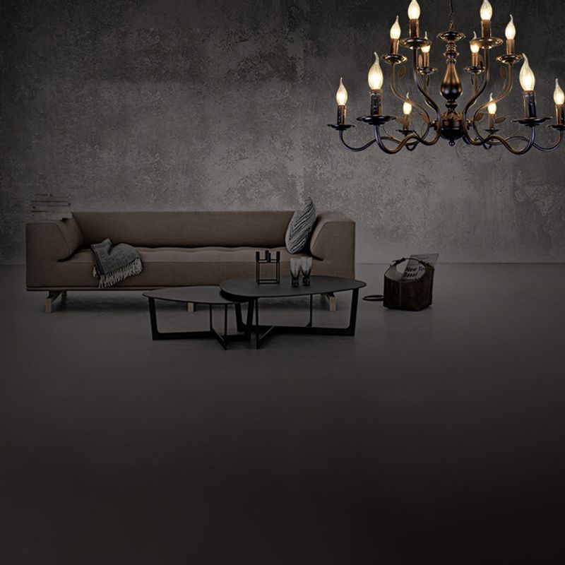 2-Layers Living Room Large Chandelier Traditional Style Candlestick Styling Wrought Iron Lighting Fixture in Black