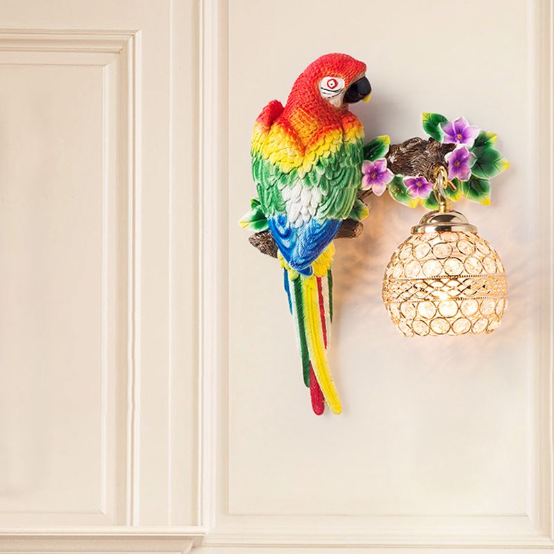 Resin Parrot Wall Sconce Antiqued Single Light Drawing Room Floral Wall Lighting Idea with Ball K9 Crystal Shade in Blue/Red